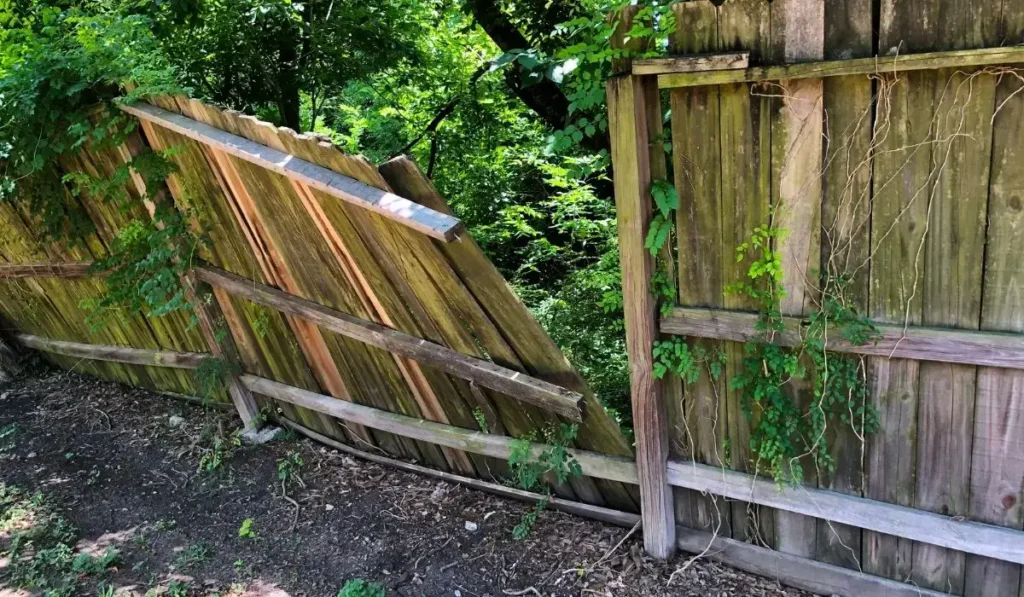 Technician repairing damaged wooden yard fence for homeowner at Bullzeye Fence, LLC