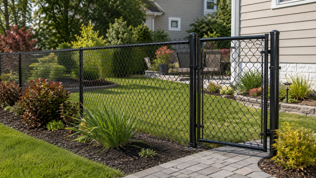Black chain link fence installed around a landscaped residential backyard with green lawn and matching gate